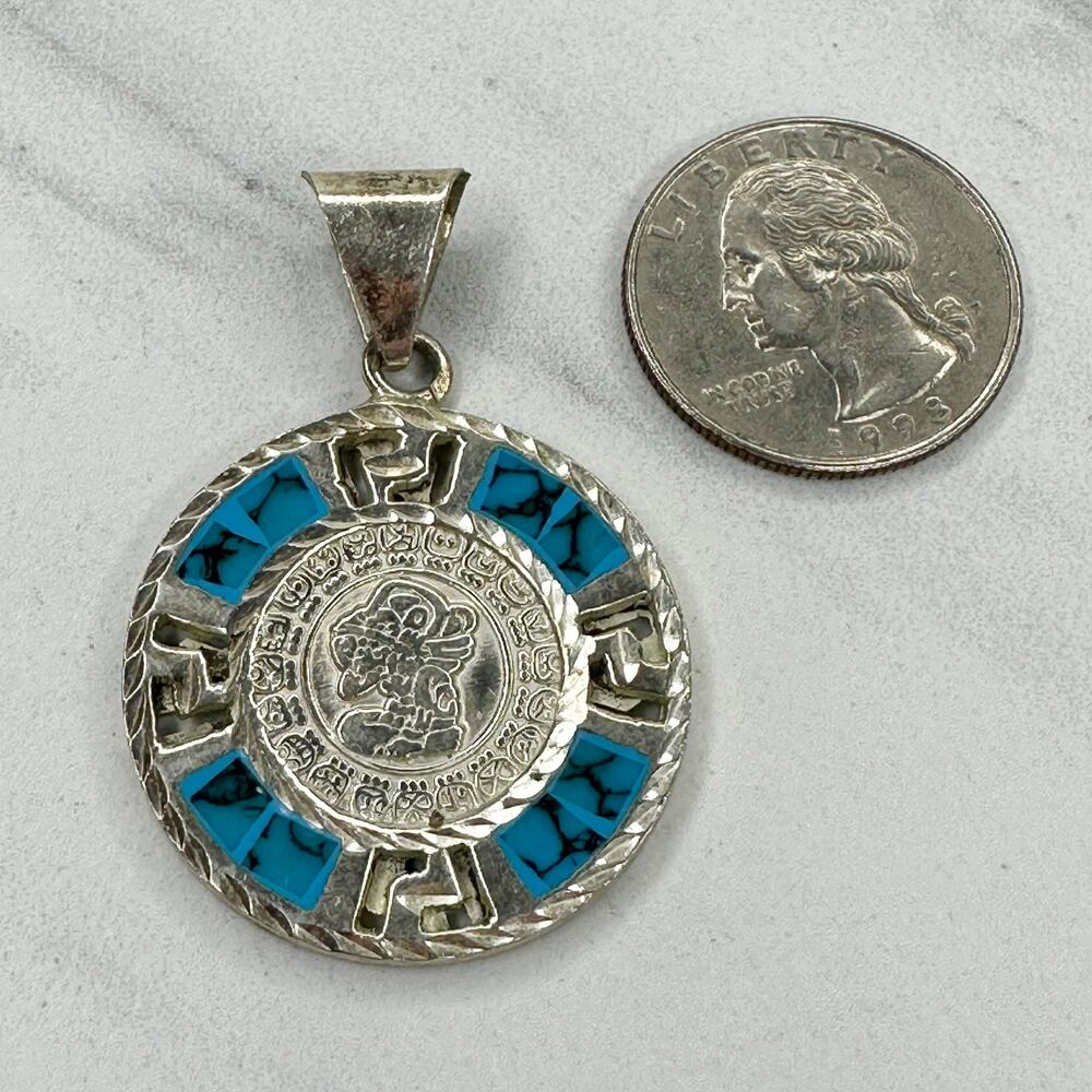 Vintage Sterling Silver 925 Reversible Mayan Calendar Inlay Pendant ✨ - Picture 3 of 12
